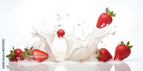 milk splash with strawberries on white. AI Generated