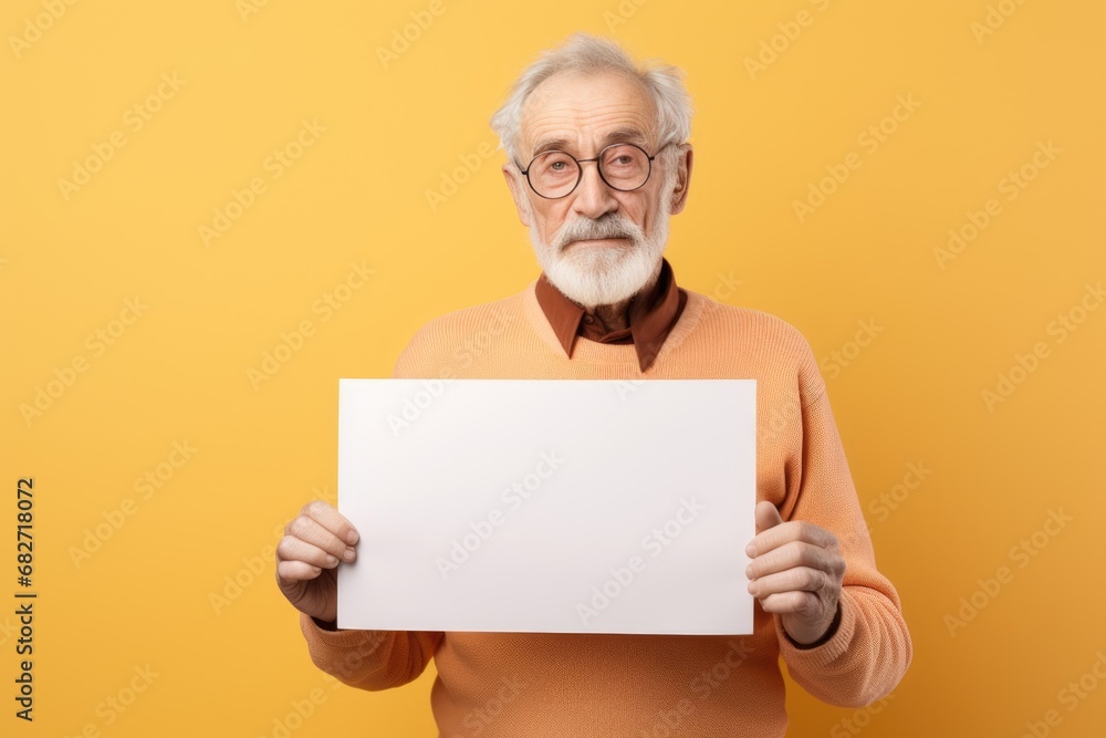 sad senior man holding a blank placard sign poster paper for mock up in his hands sad senior man holding a blank placard sign poster paper for mock up in his hands