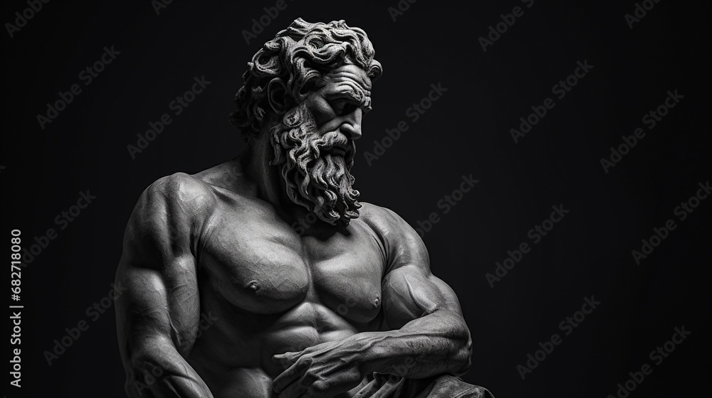 A statue or sculpture of a muscular man. Close-up of the upper body. Black background. Black and white tone. - Generative AI