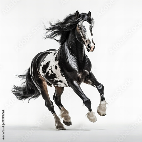 Black and white horse running isolated on white background © Diana