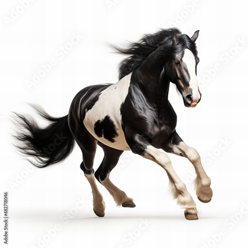 Black and white horse running isolated on white background