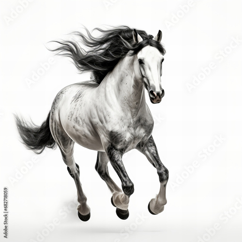 Black and white horse running isolated on white background