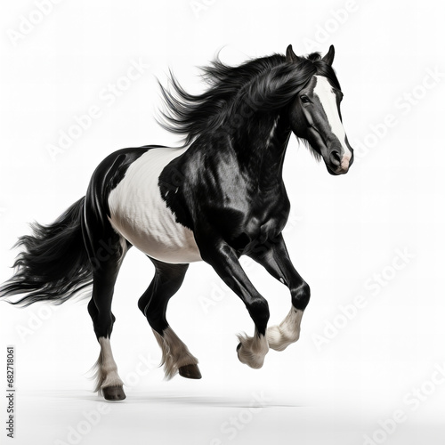 Black and white horse running isolated on white background