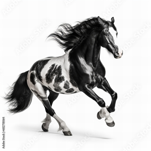 Black and white horse running isolated on white background