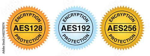 AES128, AES192 and 256 Encryption Protection Badge and Icon, Advanced Encryption Standard. Data encryption and Network Security Connection. Vector.