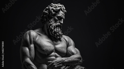 A statue or sculpture of a muscular man. Close-up of the upper body. Black background. Black and white tone. - Generative AI photo