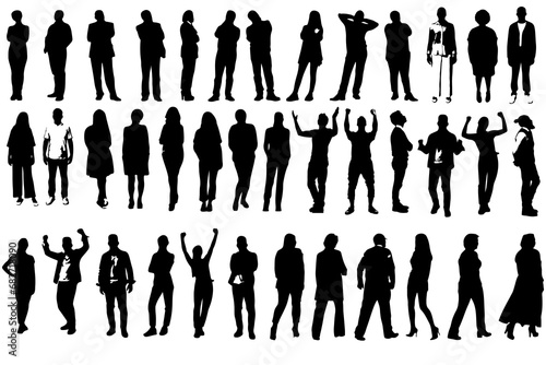 Silhouettes of business people, men and women in full length from the front, side, back. Vector illustration isolated in black on a white background. Avatar, icons for the site
