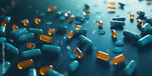 Various types of colorful pills on a blue background. - Generative AI