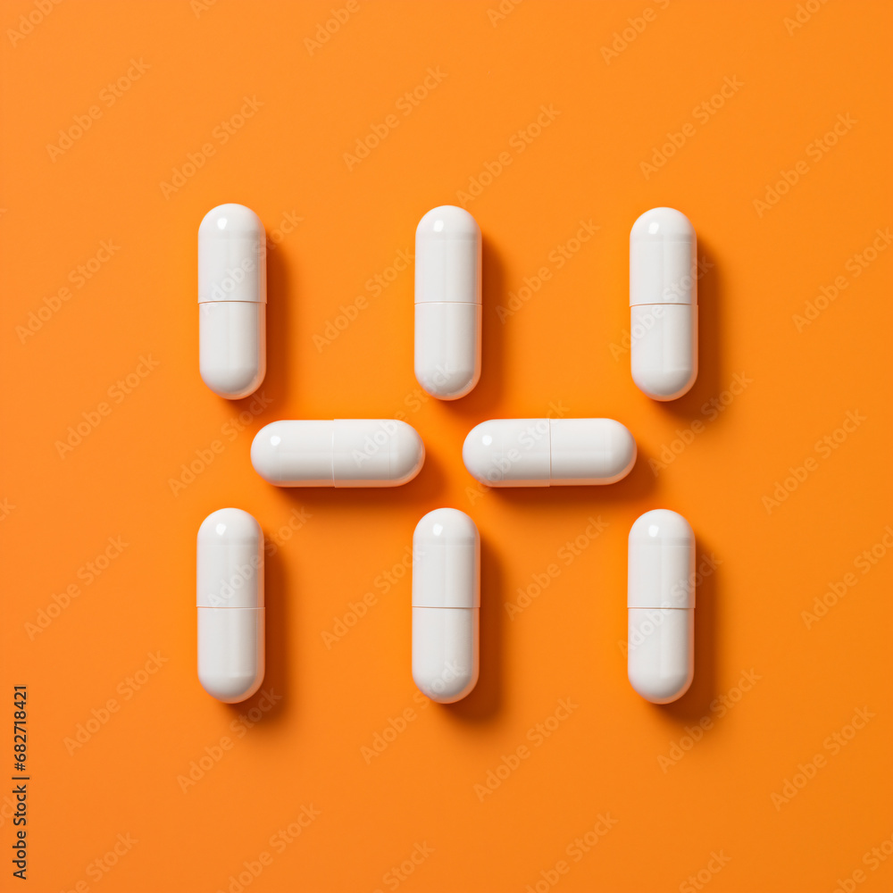 White capsule pills arranged side by side on orange background. Top view. - Generative AI White capsule pills arranged side by side on orange background. Top view. - Generative AI