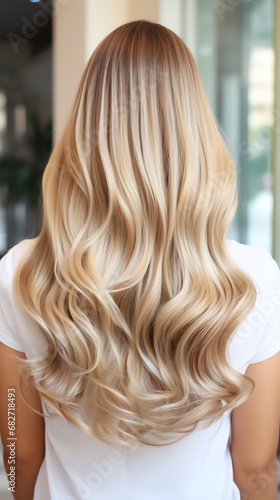 a woman's back with long blonde hair