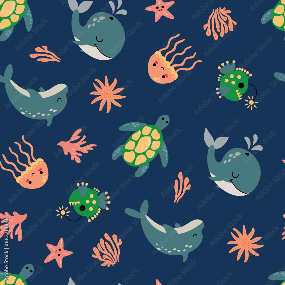 Obraz premium Seamless pattern with sea animals. Whale, dolphin, turtle, jellyfish, lantern fish.