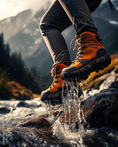a person's feet in boots over a stream
