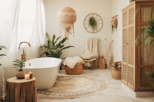 Interior design, boho details of Scandinavian bathroom. Designer bathroom with wooden details and rattan