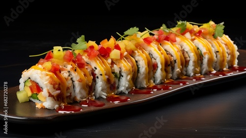 an image of a sushi roll with mango and crab, drizzled with sweet chili sauce