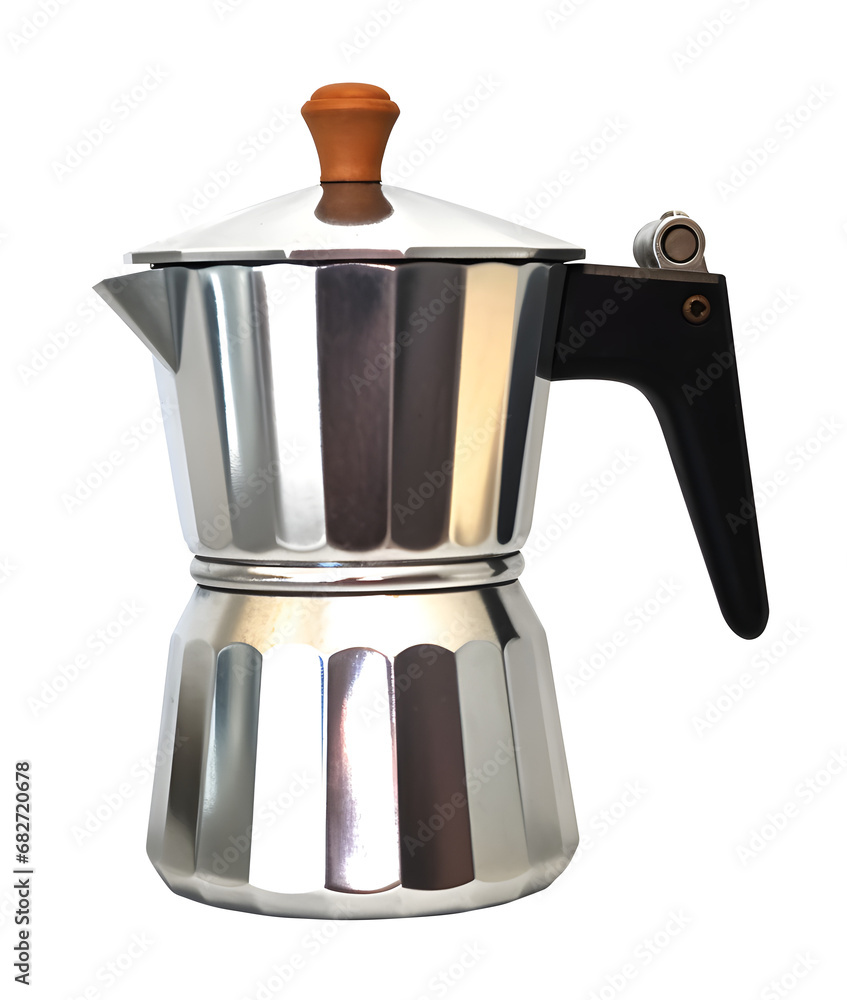 Side view of stovetop moka pot coffee maker isolated background. Side view of stovetop moka pot coffee maker isolated background.