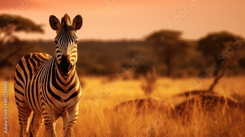 A zebra grazing in the golden light of the African savannah