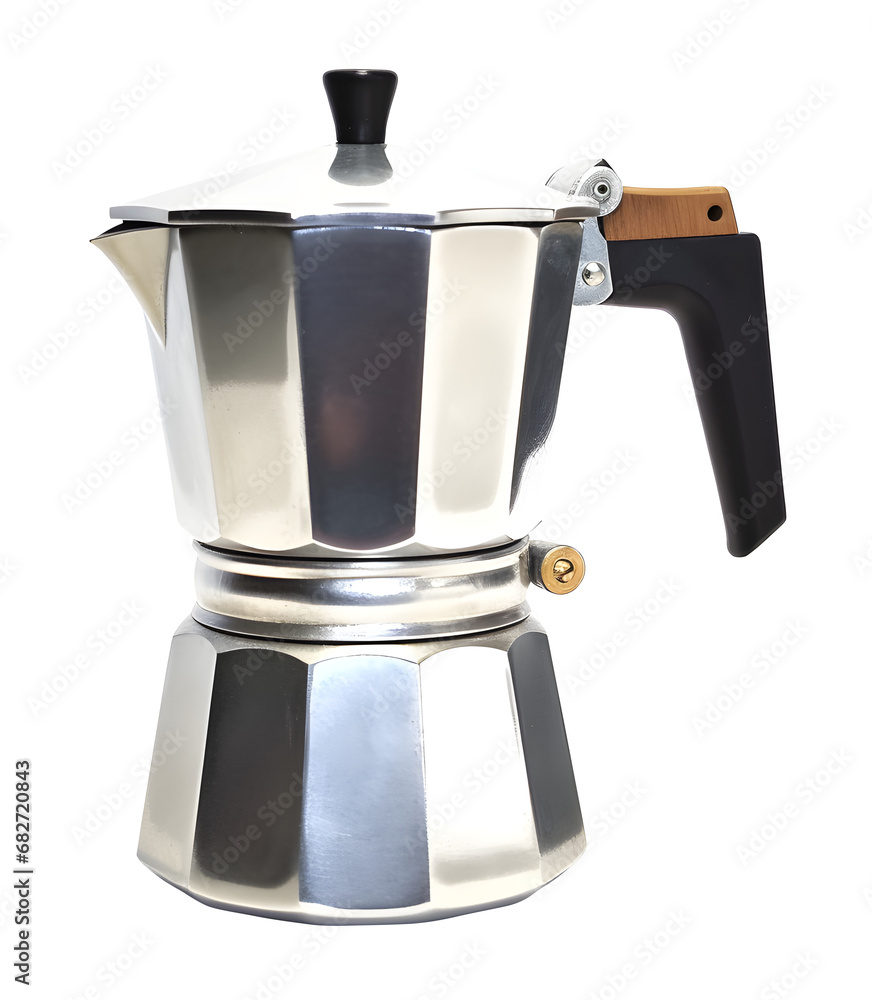 Side view of stovetop moka pot coffee maker isolated background. Side view of stovetop moka pot coffee maker isolated background.