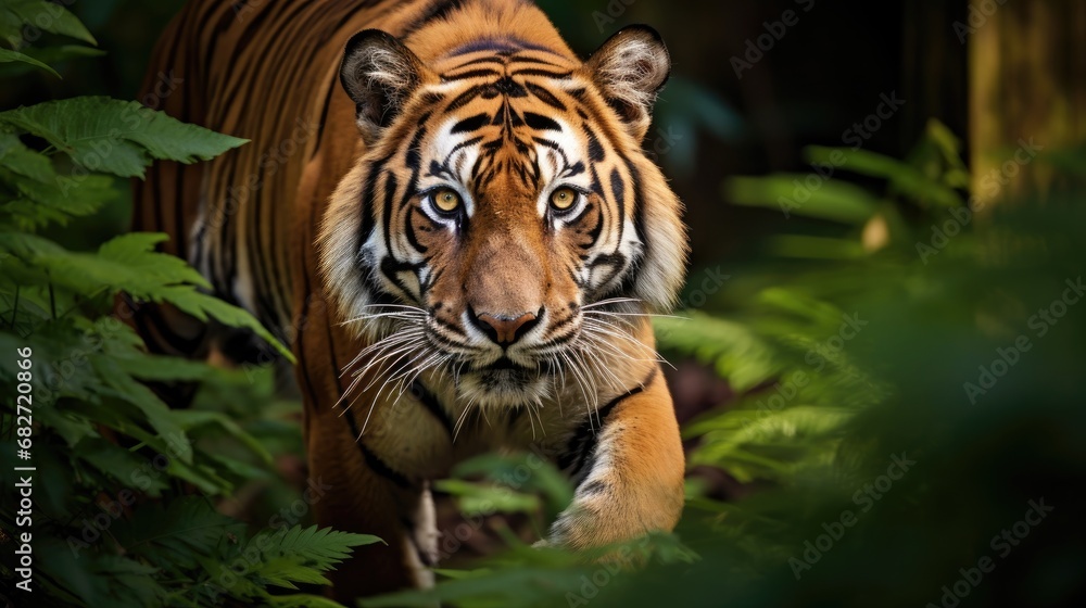 A magnificent Bengal tiger prowling through a dense jungle