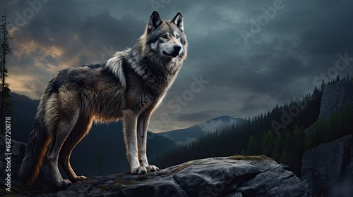 A majestic wolf standing on a rocky outcrop overlooking a moonlit forest