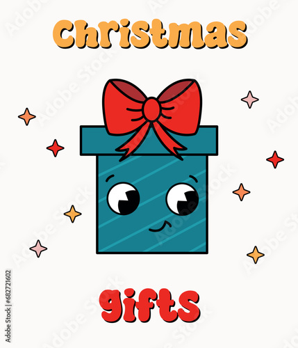 Christmas card in retro style.  Christmas gifts.	