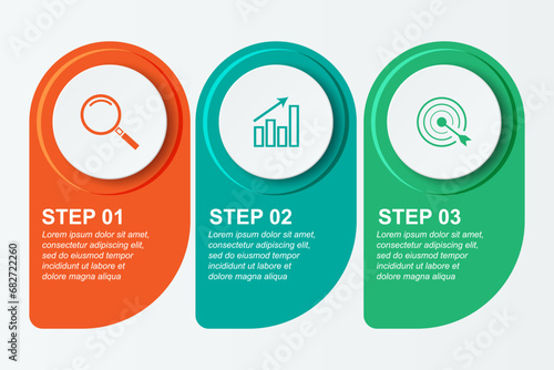 Simple infographic with 3 parts or options, simple design full of colors in the form of circles and squares that are related to each other, icons, text and numbers, for presentations, flow diagrams an