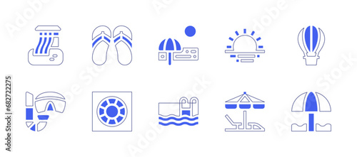 Holiday icon set. Duotone style line stroke and bold. Vector illustration. Containing sunset, beach, hot air balloon, swimming pool, beach umbrella, sun umbrella, water slide, flip flops, diving mask.
