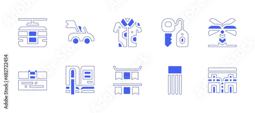 Holiday icon set. Duotone style line stroke and bold. Vector illustration. Containing shirt, palm tree, christmas, motel, room key, float, cable car, car, swimming pool, register.