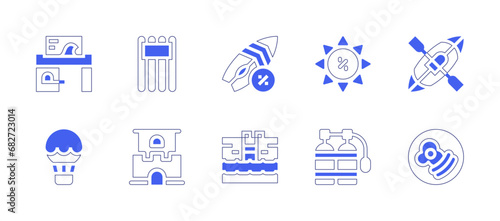 Holiday icon set. Duotone style line stroke and bold. Vector illustration. Containing surfboard, summer sale, swimming pool, oxygen, breakfast, sand castle, inflatable, hot air balloon, water park.