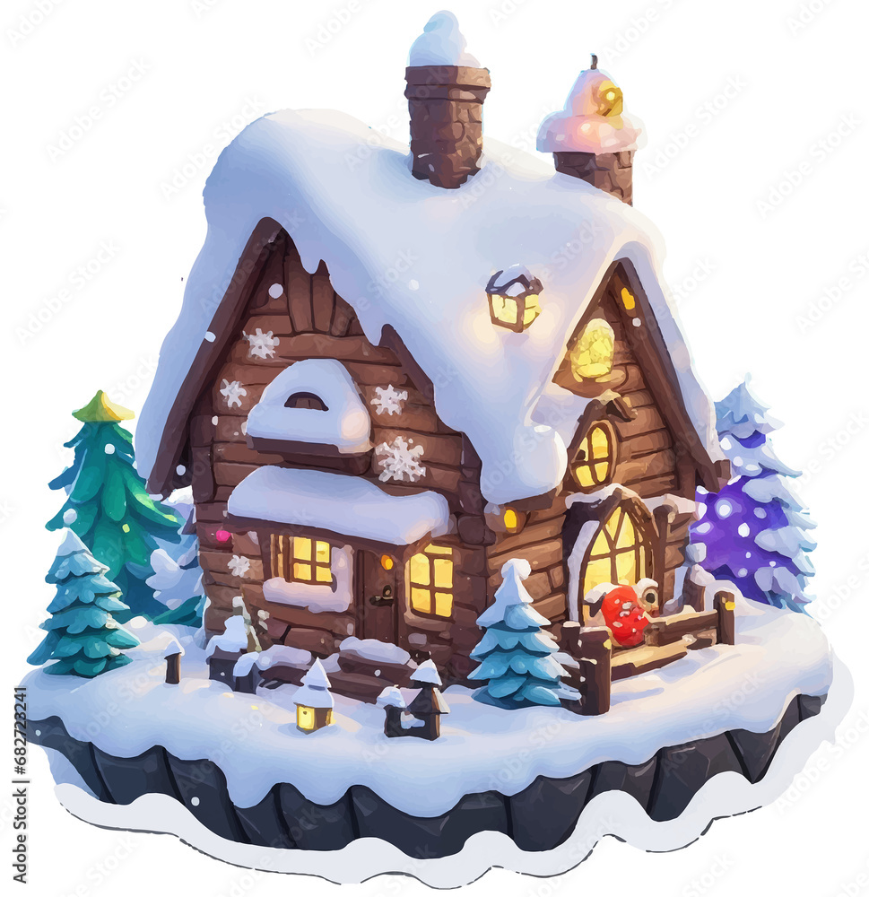 Large fairy-tale gingerbread house with a snow-covered roof, There are Christmas trees around, top view