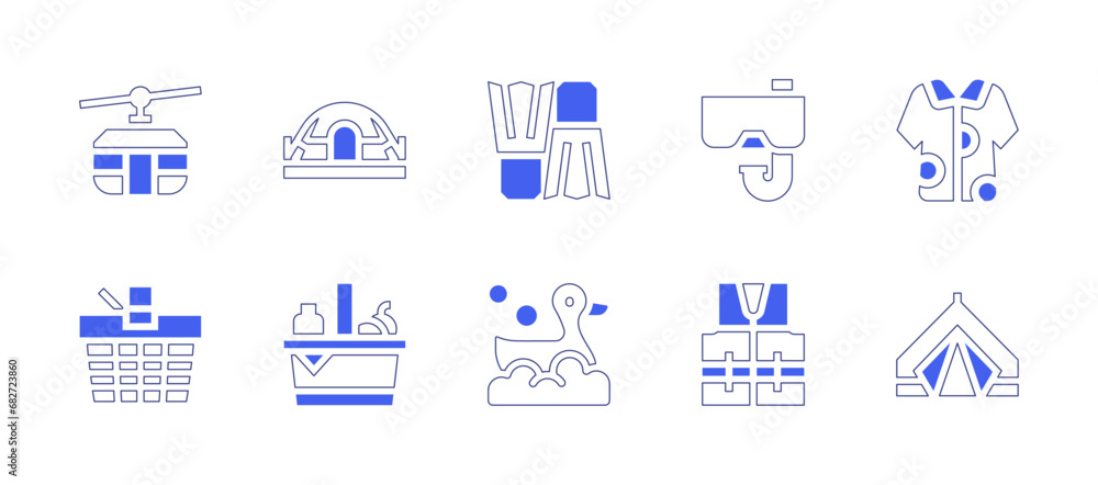 Holiday icon set. Duotone style line stroke and bold. Vector illustration. Containing fins, snorkel, rubber duck, life jacket, ski lift, tent, picnic, shirt.