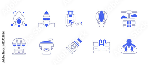 Holiday icon set. Duotone style line stroke and bold. Vector illustration. Containing sun cream, pool, bonfire, surfboard, table, sand bucket, luggage, hot air balloon, cable car, inflatable sled.