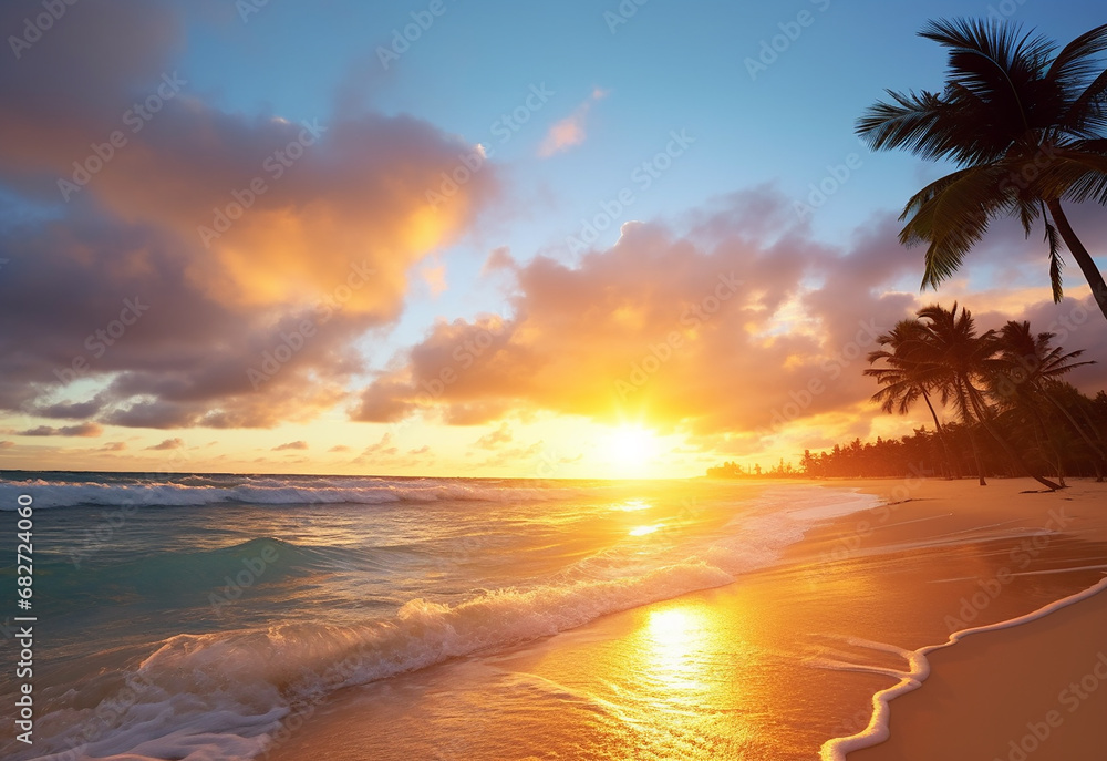 Beautiful sunset over the sea with a view at coconut tree on the white beach