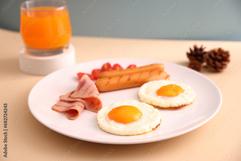 breakfast egg fried ham and sausage breakfast in studio shooting breakfast egg fried ham and sausage breakfast in studio shooting
