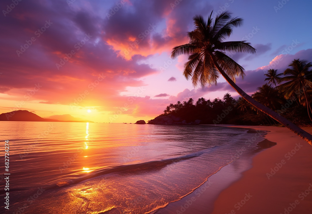 Beautiful sunset over the sea with a view at coconut tree on the white beach