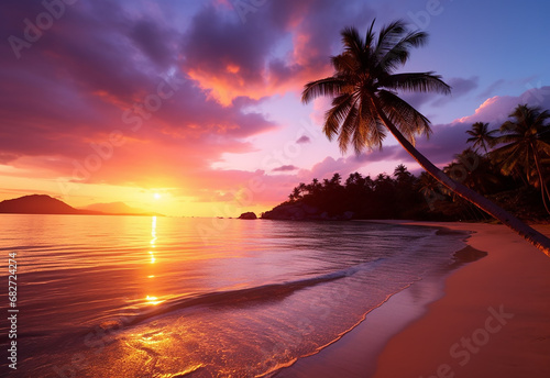 Beautiful sunset over the sea with a view at coconut tree on the white beach