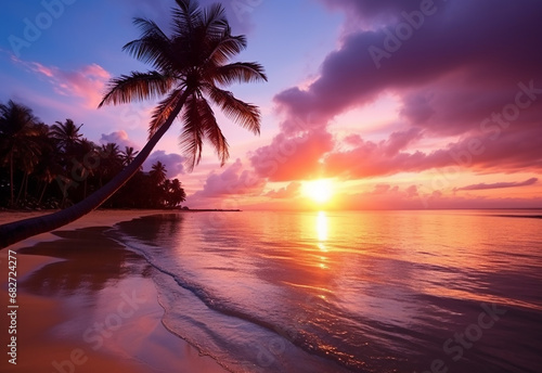 Beautiful sunset over the sea with a view at coconut tree on the white beach © oneli