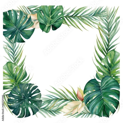 square frame of watercolor tropical green leaves on white background