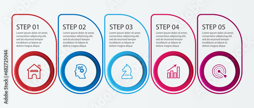 Simple infographic with 5 parts or options, simple design full of colors in the form of circles and squares that are related to each other, icons, text and numbers, for presentations, flow diagrams