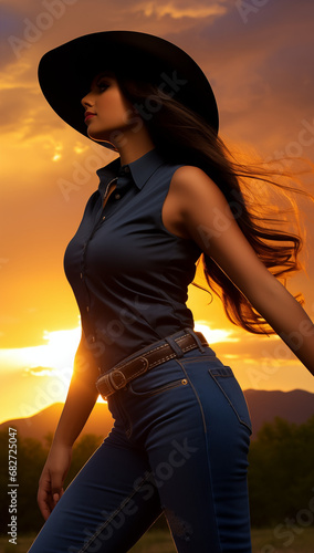 Golden Frontier: The Cowgirl's Sunset Silhouette. Attractive female wearing cowgirl's attire.