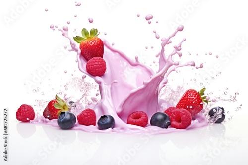Berries Falling On Milk Splash. AI Generated
