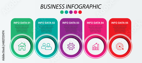 Simple infographic with 5 parts or options, simple design full of colors in the form of circles and squares that are related to each other, icons, text and numbers, for presentations, flow diagrams