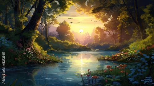 Lush forest landscape with tranquil river reflecting the setting sun. Natural beauty and serenity.