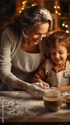 mother and son are very smeared in flour, having fun, preparing gingerbread cookies, vertical