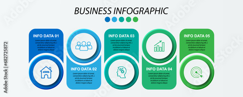 Simple infographic with 5 parts or options, simple design full of colors in the form of circles and squares that are related to each other, icons, text and numbers, for presentations, flow diagrams