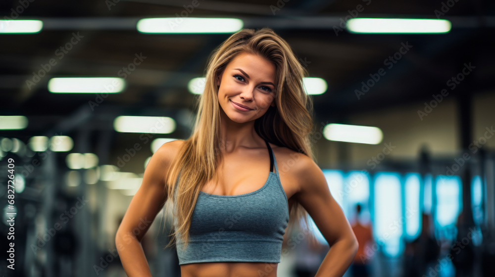 Picture showcasing self-assured young woman, wearing grey sports top, standing confidently in gym