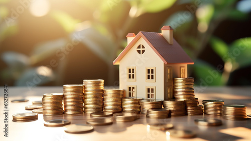 Buying a new home. Finance concept for house building. Wooden house and money in the form of coins.