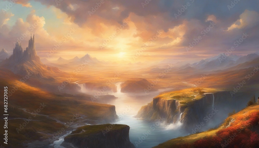 AI generated illustration of a breathtaking landscape of a river surrounded by mountains