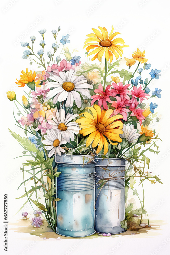 Rustic Elegance: Watercolor Illustration of Fresh Wildflowers in Metal Cans
