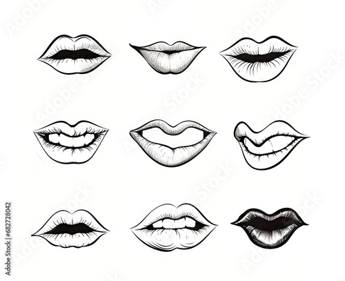 Smiling Lips Sketch, Black and White Fun Smiling Lips Collection, Joy and Happiness Doodle Drawing