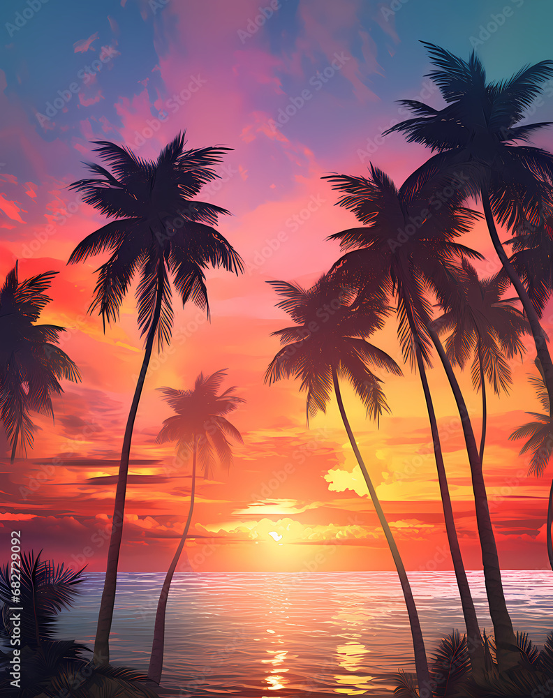 Blurred sunset with silhouettes of palm trees
sunset over the ocean with silhouette palm trees
Palm Trees Silhouettes On Tropical Beach At Sunset - Modern Vintage Colors
